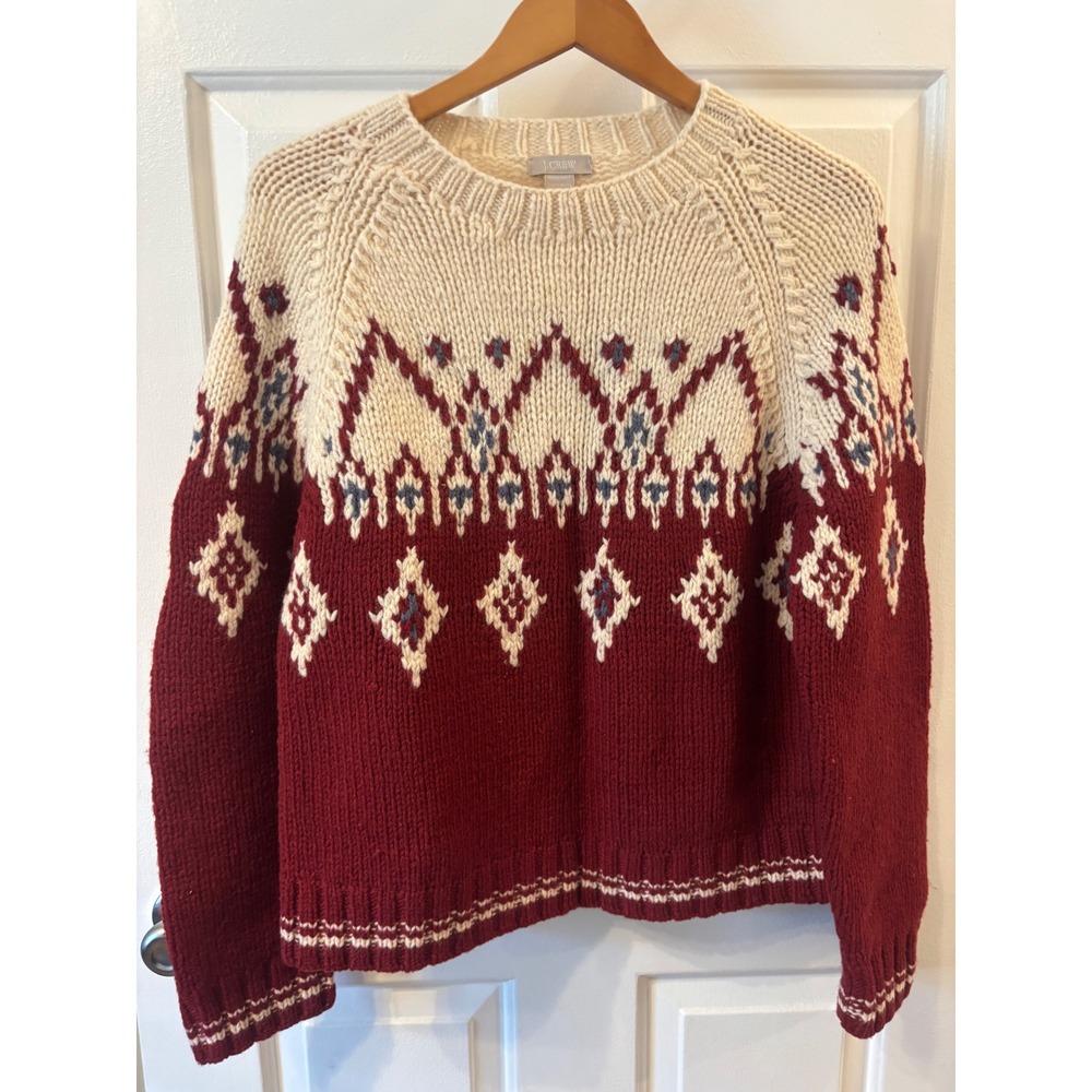 Vtg. J. Crew Hand Knit 100% Wool Fair Isle Sweater Burgundy Cream Womens Med.